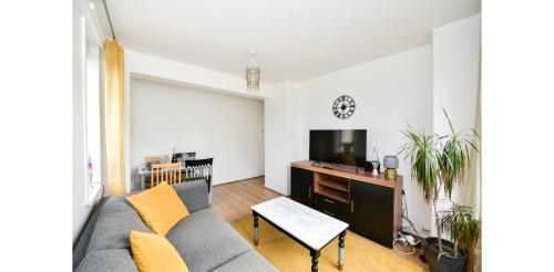uma sala de estar com um sofá e uma televisão em Entire Two Bedroom Flat in the heart of Greater London em Londres