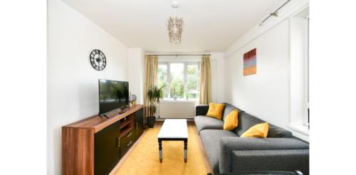 een woonkamer met een bank en een tv bij Entire Two Bedroom Flat in the heart of Greater London in Londen