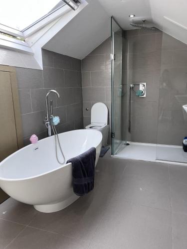 ein Bad mit einer Badewanne, einem WC und einer Dusche in der Unterkunft Modern Newly Renovated 3 Story House in Ebbw Vale in Ebbw Vale