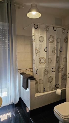 ペスカーラにあるBridge's House - a 50 mt dalla spiaggia e da tutti i servizi!のシャワーカーテンとトイレ付きのバスルーム