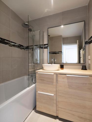 une salle de bain avec un lavabo, une baignoire et un miroir dans l'établissement ADELFA - Centre ville - Terrasse, à Nancy