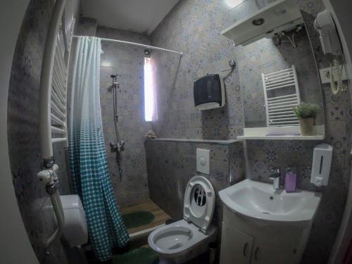 a bathroom with a sink and a toilet and a shower at Urban Cozy Retreat in Pristina