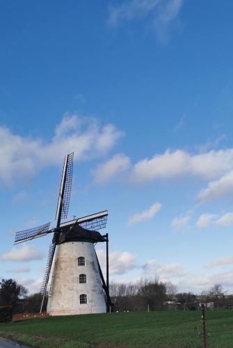 a windmill in a field with a blue sky at De Groene Hoeve in Brakel