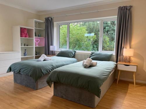 two beds in a room with a window at Forest Edge in Woodford Green