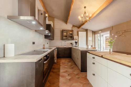 a large kitchen with stainless steel appliances and a chandelier at De Groene Hoeve in Brakel