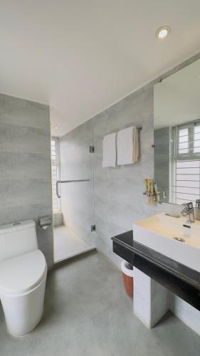 a bathroom with a toilet and a sink and a mirror at Priyo Nibash Stylish Residential Hotel in Dhaka