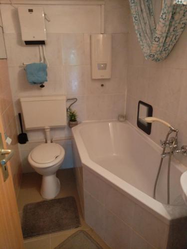 a bathroom with a toilet and a tub and a sink at " Haus Willi " Sohlbach in Netphen