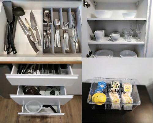 two pictures of an open kitchen drawer with utensils at theApartments Gdańska in Łódź