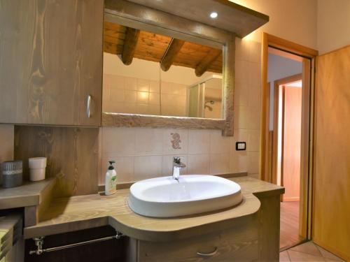 a bathroom with a sink and a mirror at Chalet Baita Lake View in Poira di Dentro