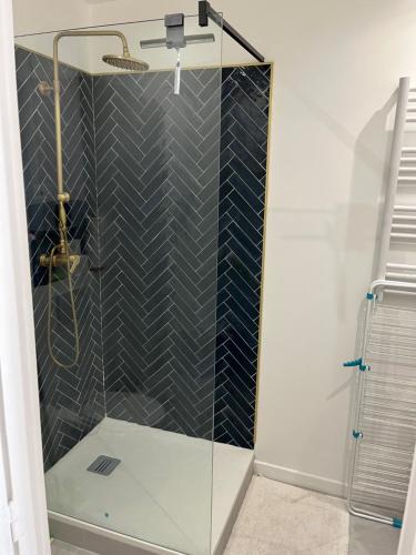 une douche avec une porte vitrée dans une salle de bain dans l'établissement Appartement 2 pièces tout neuf Buttes Chaumont, à Paris