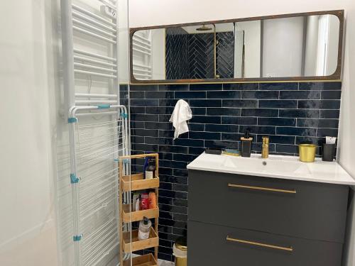 une salle de bain avec un lavabo et un miroir dans l'établissement Appartement 2 pièces tout neuf Buttes Chaumont, à Paris