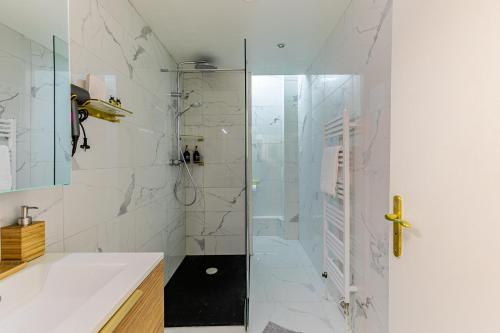 une salle de bain avec une douche en verre avec un lavabo dans l'établissement Petit arc en ciel, à Strasbourg