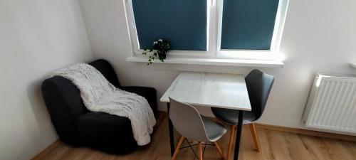um quarto com uma mesa e cadeiras e uma janela em Apartament Sosnowiec - Kazimierz Górniczy em Sosnowiec