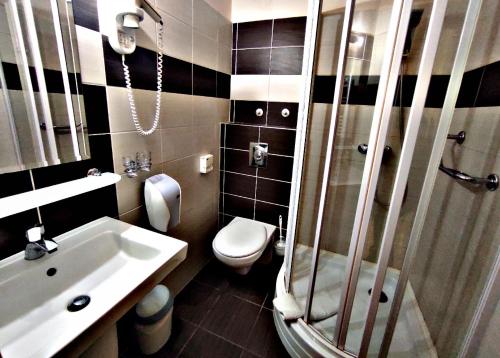 een badkamer met een wastafel, een toilet en een douche bij Átrium Hotel Harkány in Harkány