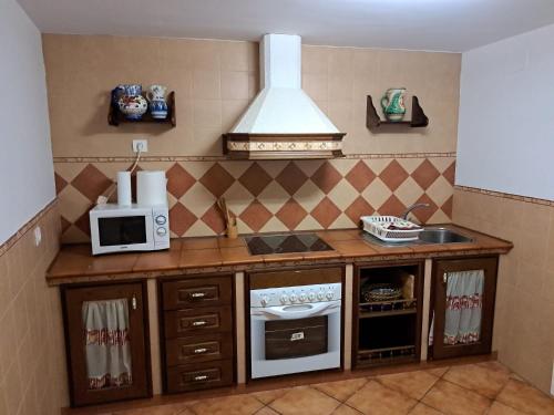 GodojosにあるCASA RURAL LA SOLANAのキッチン(電子レンジ、コンロ付きのカウンター付)