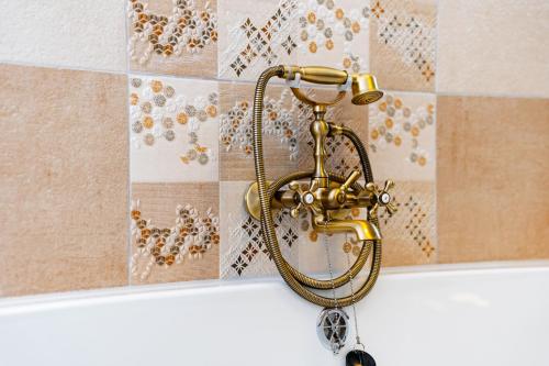 a shower in a bathroom with a gold faucet at Kata Kulcsosház in Odorheiu Secuiesc