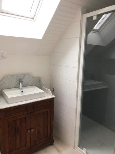 une salle de bain avec un lavabo et une douche dans l'établissement Gite du Verger de Kerduel, à Moëlan-sur-Mer
