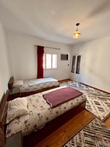 1 dormitorio con 2 camas y ventana en Cozy holiday apartment in Maadi, en El Cairo