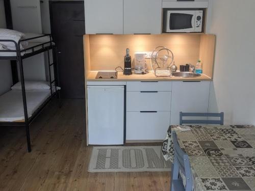 Il comprend une petite cuisine avec un évier et des lits superposés. dans l'établissement Studio cosy aux pieds des pistes avec balcon et coin montagne - La Joue du Loup - FR-1-504-621, à Saint-Étienne-en-Dévoluy