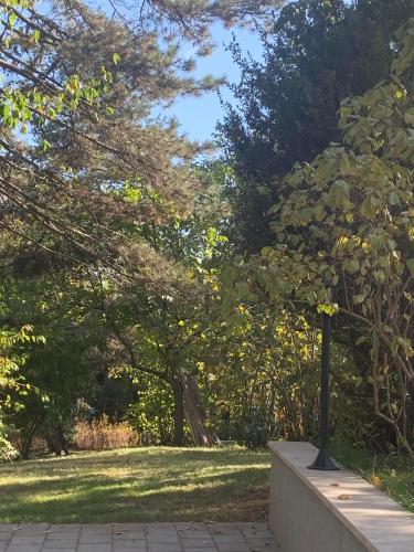 a street light in a park with trees at Vila Lucic Zlatibor in Zlatibor