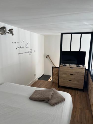 a bedroom with a bed and a flat screen tv at Le Terminus in Aix-les-Bains