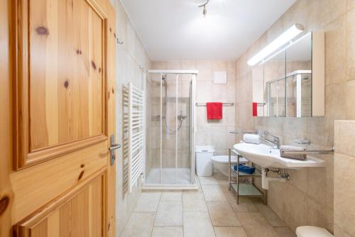 a bathroom with a shower and a sink and a toilet at Trü-Sura Nr. 3 in Scuol