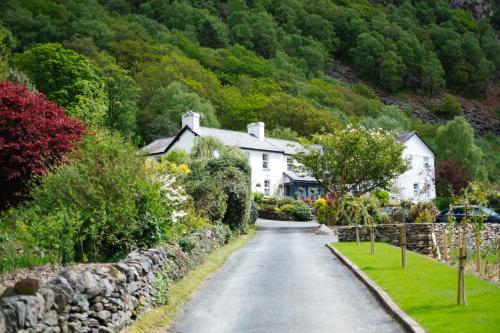 a street in a village with houses and a stone wall at Ty Afon - River House in Beddgelert