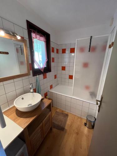 W łazience znajduje się umywalka i prysznic. w obiekcie Studio avec magnifique vue montagne - Praloup 1500 w mieście Uvernet