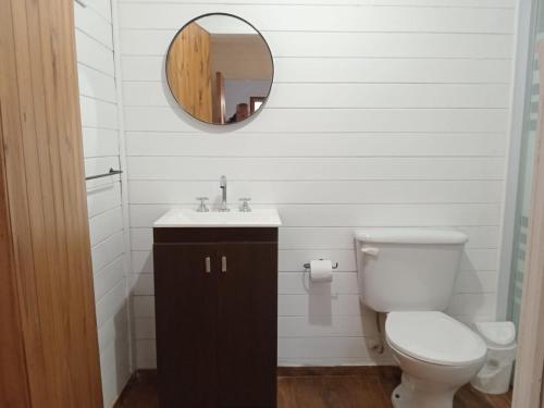 a bathroom with a toilet and a mirror at Las Nativas de Areco in San Antonio de Areco