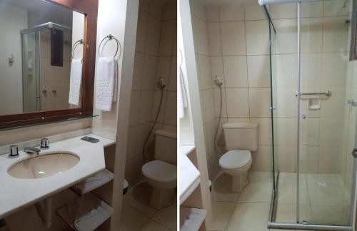 uma casa de banho com um lavatório, um WC e um chuveiro em Apartamento Pousada do Serrano em Gramado