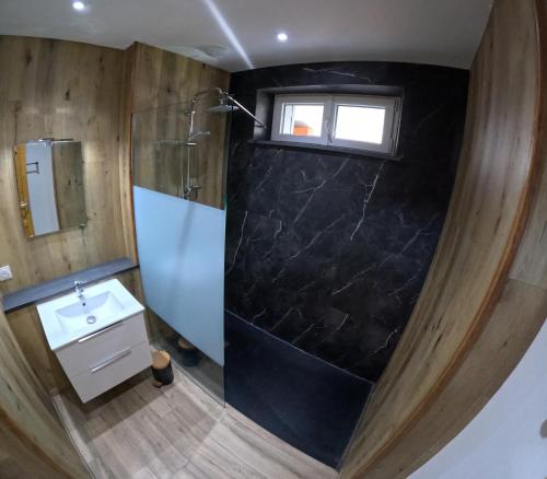 a bathroom with a shower and a toilet and a sink at Gîte des quatre saisons in Thilay