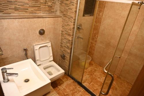 a bathroom with a toilet and a shower and a sink at HOTEL SUN GREEN in Bhubaneshwar