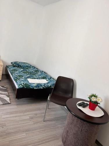 Habitación con mesa, silla y cama en Csokonai Apartman en Salgótarján