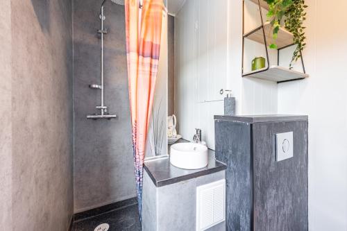 La petite salle de bains est pourvue d'un lavabo et d'une douche. dans l'établissement MB Guesthouse, à Grímsnes og Grafningshreppur