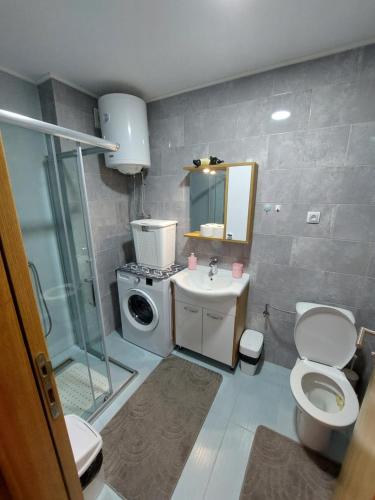 a bathroom with a toilet sink and a washing machine at Golden Apartman in Zlatibor