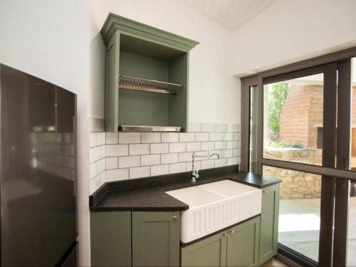 een keuken met groene kasten en een witte wastafel bij Latjeskloof Accommodation in Citrusdal