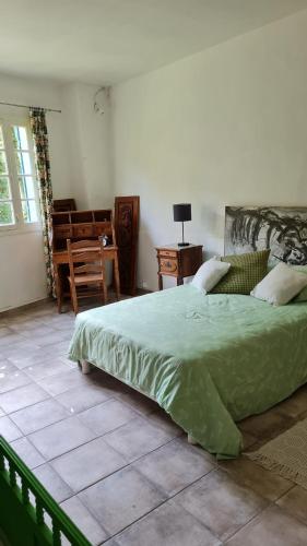 a bedroom with a large green bed in a room at gîte du bambou bleu 