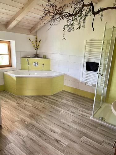 a bathroom with a tub and a shower and a sink at Ferienwohnung Wagner in Griesstätt