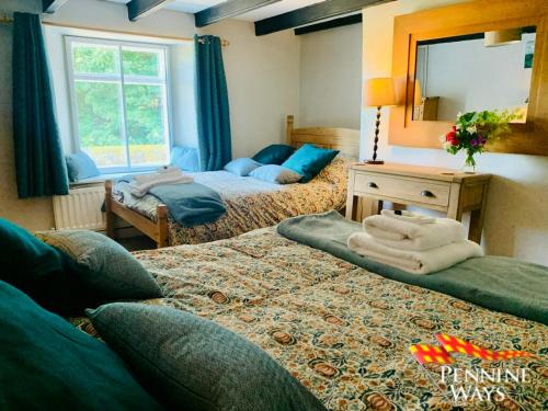 a bedroom with two beds and a mirror at Harthopeburn Cottage, St Johns Chapel in Saint Johns Chapel