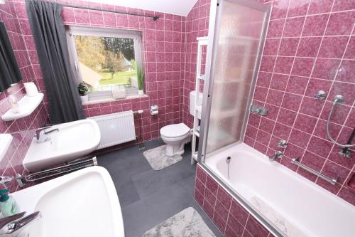 W wyłożonej różowymi kafelkami łazience znajduje się umywalka i toaleta. w obiekcie NATURBLICK Apartments 2 Moderne Ferienwohnung w mieście Grebenhain