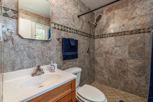 a bathroom with a sink and a toilet and a shower at Centrally Located Spacious Abode in Charlotte