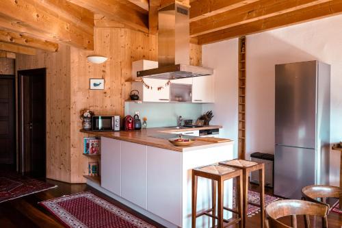 a kitchen with white cabinets and a stainless steel refrigerator at Strohlehm'zhaus in Weiden am See