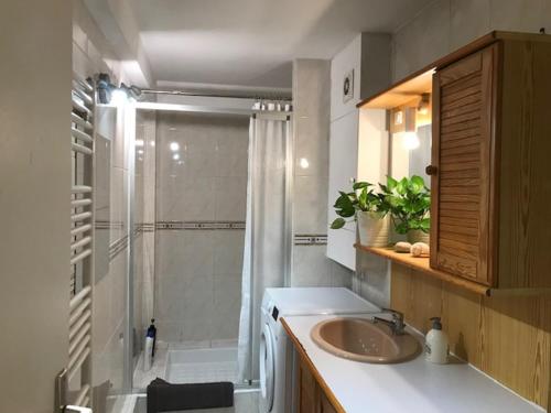 a bathroom with a sink and a shower with a shower at Agréable maison en centre ville in Noisy-le-Grand