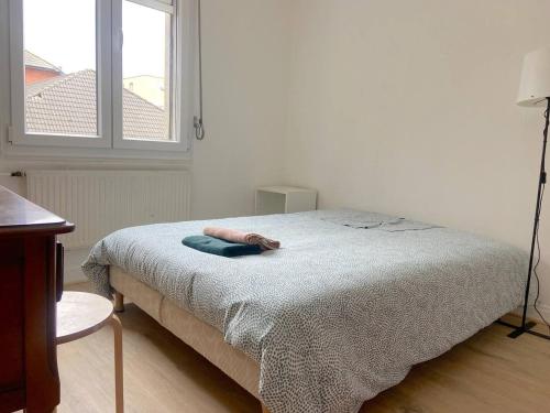 une chambre avec un lit avec une couverture et une fenêtre dans l'établissement Maison cosy 5 chambres exterieur centre ville, à Croix