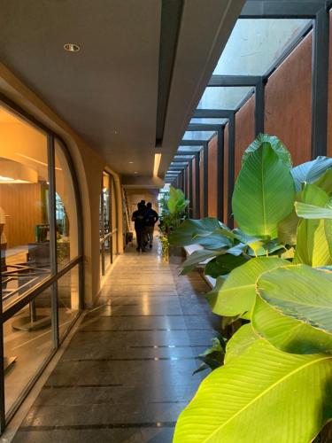 a hallway with large green plants in a building at Hotel Le Grandeur in Bengaluru
