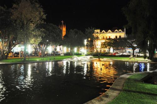 a pond in a park at night with a building at Chancellor Motor Lodge and Conference Centre in Palmerston North