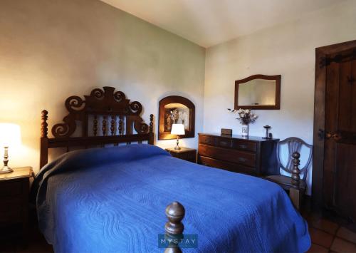 a bedroom with a blue bed and a dresser and a mirror at MyStay - Quinta da Balança in Terras de Bouro