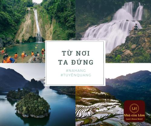 eine Collage mit Fotos eines Wasserfalls und eines Flusses in der Unterkunft Nhà nghỉ Nhà Của Lâm - Lam's House Motel in Na Hang