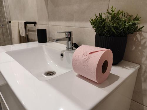 a roll of pink toilet paper sitting on a bathroom sink at Evans Realty AT Ático & Centro & Playa & Vistas mar in Fuengirola