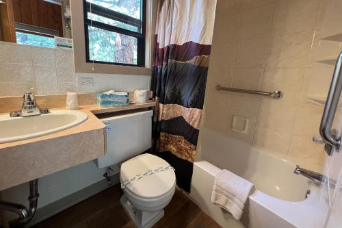 a bathroom with a sink and a toilet and a tub at Castle Mountain Lodge in Estes Park